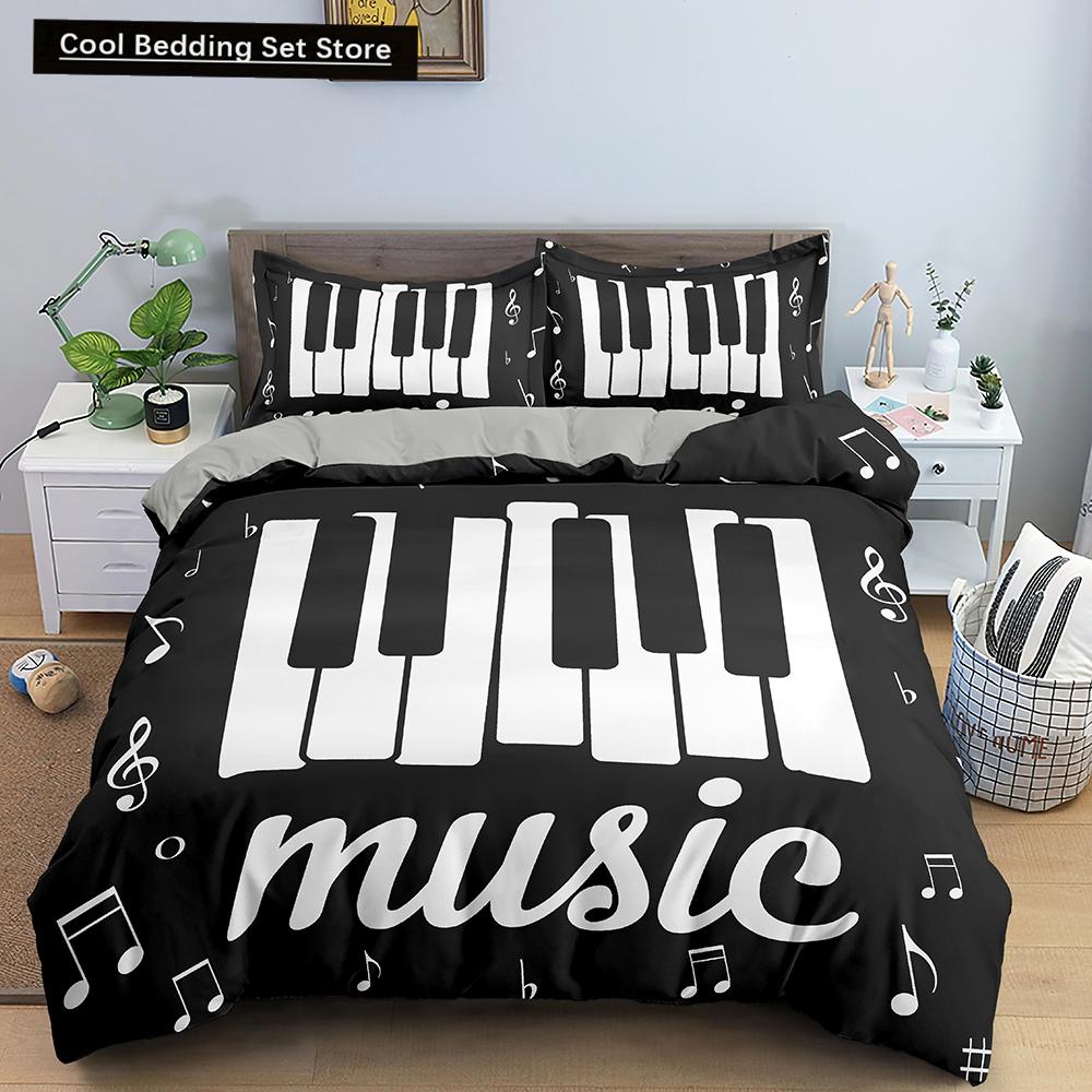 Piano Music King Queen Duvet Cover Musical Notes Bedding Set For Kids Teens Girls Black And White Piano Keys 2/3Pcs Quilt Cover