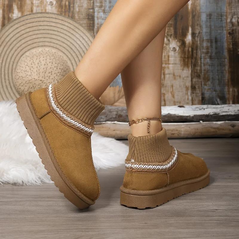 Warm Knitted Snow Boots Women's round Toe Cotton Boot Thick Bottom Platform Rubber Sole Winter Fashion Korean Style Booties