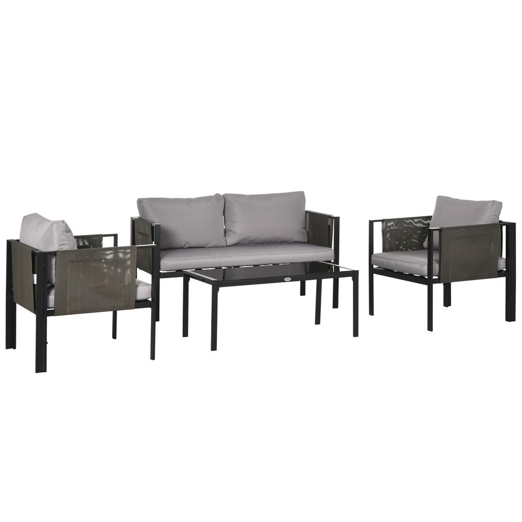 4 Piece Metal Garden Furniture Set with Tempered Glass Coffee Table, Texteline Pocket, Outdoor Set Loveseat Single Armchairs with Padded Cushions