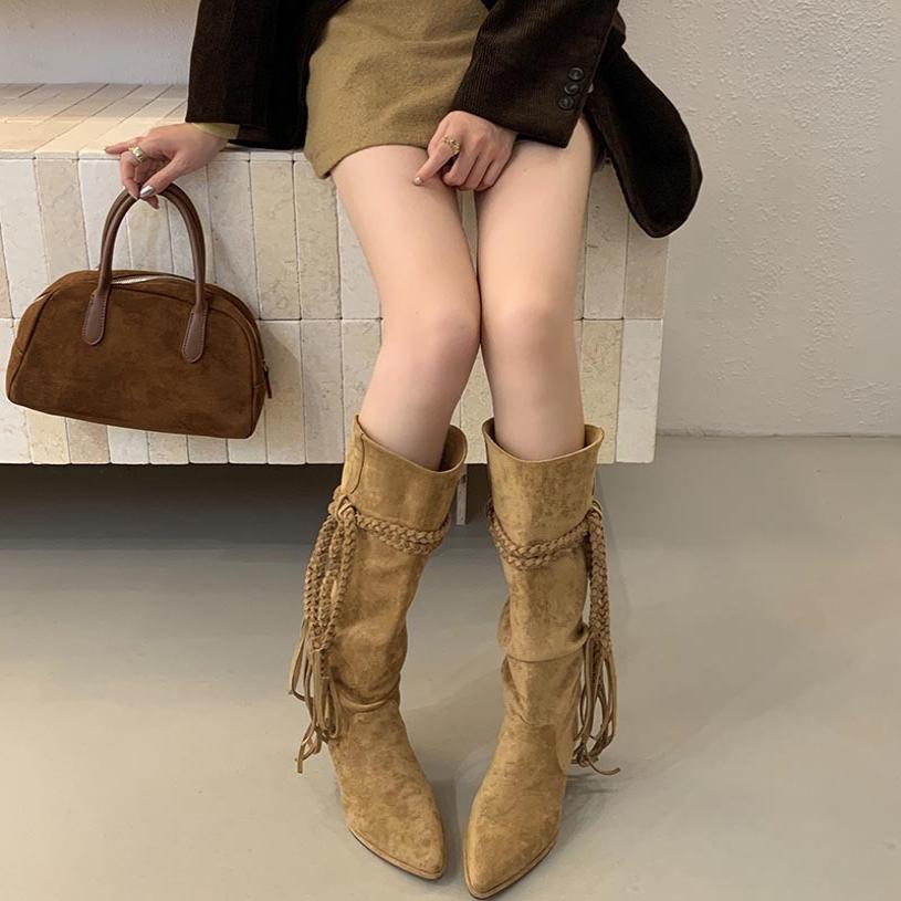 Pointed But Knee High Boots Women's Boots 2025 Autumn and Winter New Suede Retro Thick Heel Lace-up Long Tube Stacking Boots