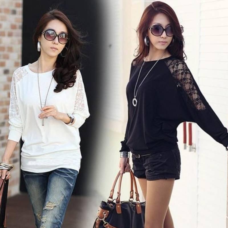 Stylish Black And White Lace Batwing Sleeve T-shirt For Plus Size Women In Trendy Commute Style