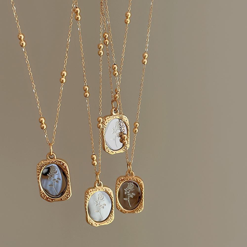 Titanium Steel Mirror Necklace For Women Vintage French Relief Magic Mirror Rose Flower Square Pendant Cloak Chain Sweater Chain Fashion Jewelry