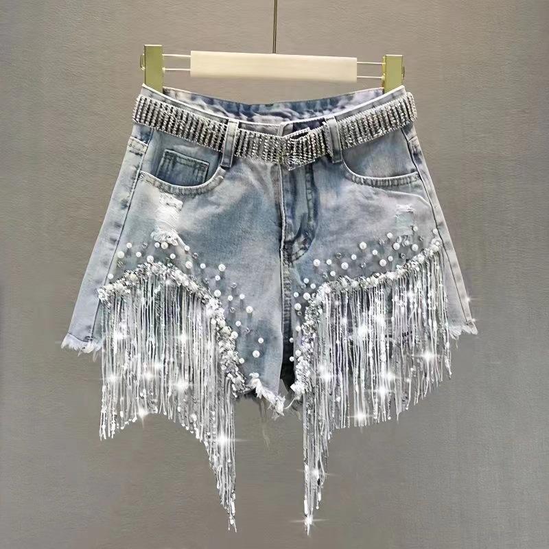 Damen Sommerkleidung Denim Shorts Hohe Taille Dünn Schwerindustrie Perlen Pailletten Fransen Gebrochene Kupferjeans