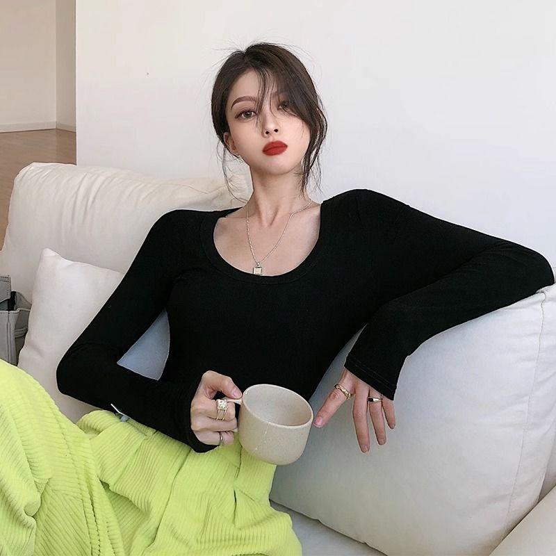 Černá základní košile Basic Nízký střih Dlouhý rukáv Přiléhavé Tričko s výstřihem do U Podzim/zima Dámský top