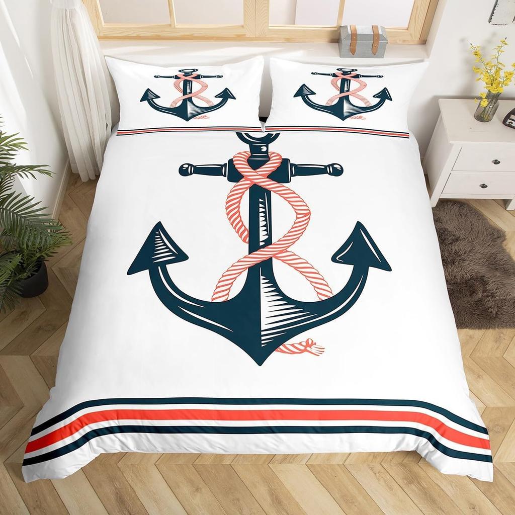 Nautical Anchor Duvet Cover,Geometric Stripes Anchor Bedding Set Twin For Boys Girls Room Decor,Ocean Adventure Comforter Cover