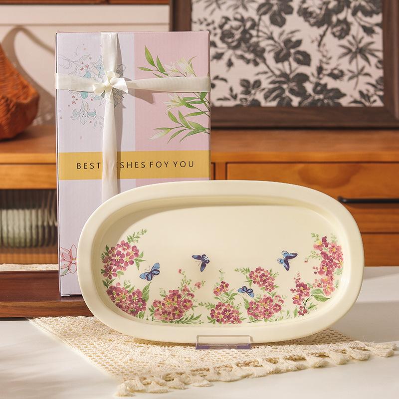 Retro Crape Myrtle Flower Ceramic Tableware Set High Value Dish Set Household Vegetable Plate Soup Plate Rice Bowl Soup Gift