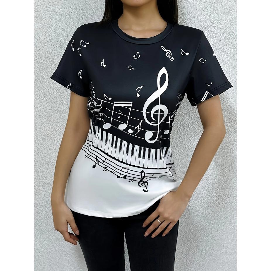 Music Note Print T-shirt, Short Sleeve O Neck Leisure T-shirt for Spring & Summer, Women's Clothing
