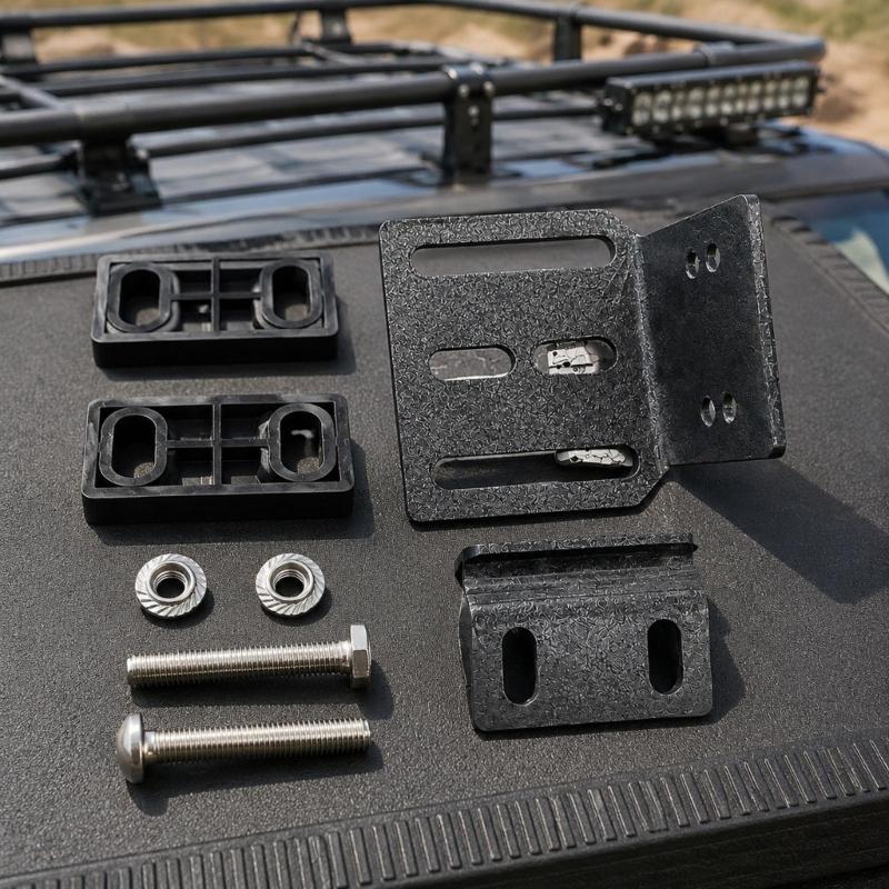 Roof Rack Mounting Fastener Set with Multiple Elongated Slots and Black Finish for Roof Rack Hardware Replacement and Installation Planning