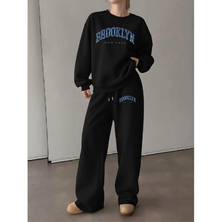 Bedrucktes Damen-2-Teile-Set: Rundhals-Sweatshirt & Hose mit Kordelzug und geradem Bein, Herbst/Winter Loungewear