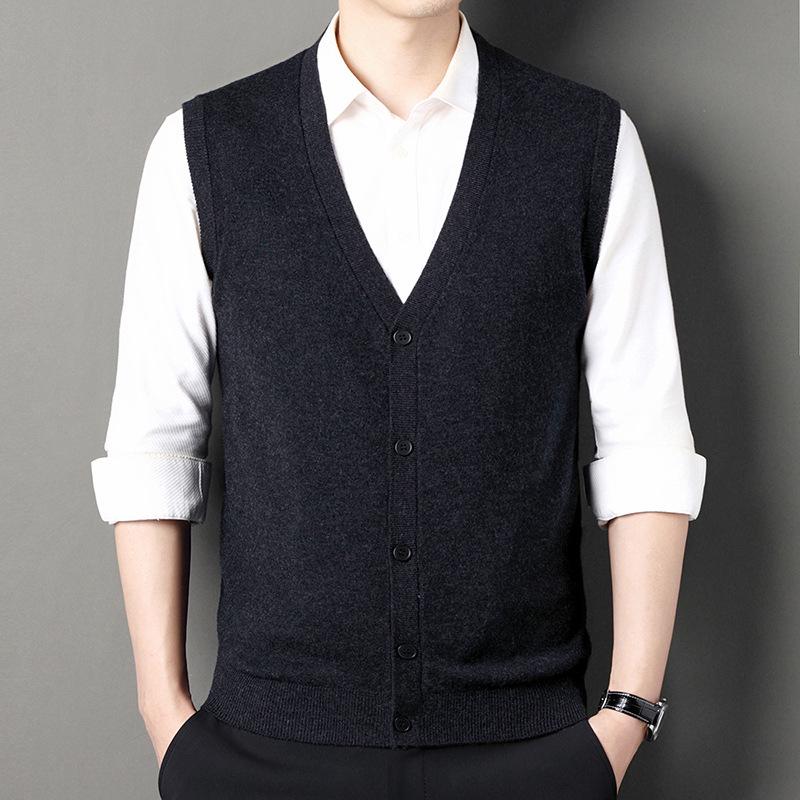 100% Pure Wool Men's Winter 2025 Cardigan Vest - Sleeveless, Middle-aged Style Sweater