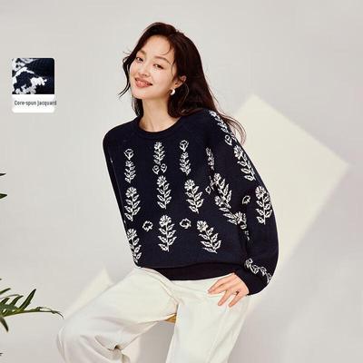 INMAN Damen Jacquard-Strickpullover mit Blumenmuster