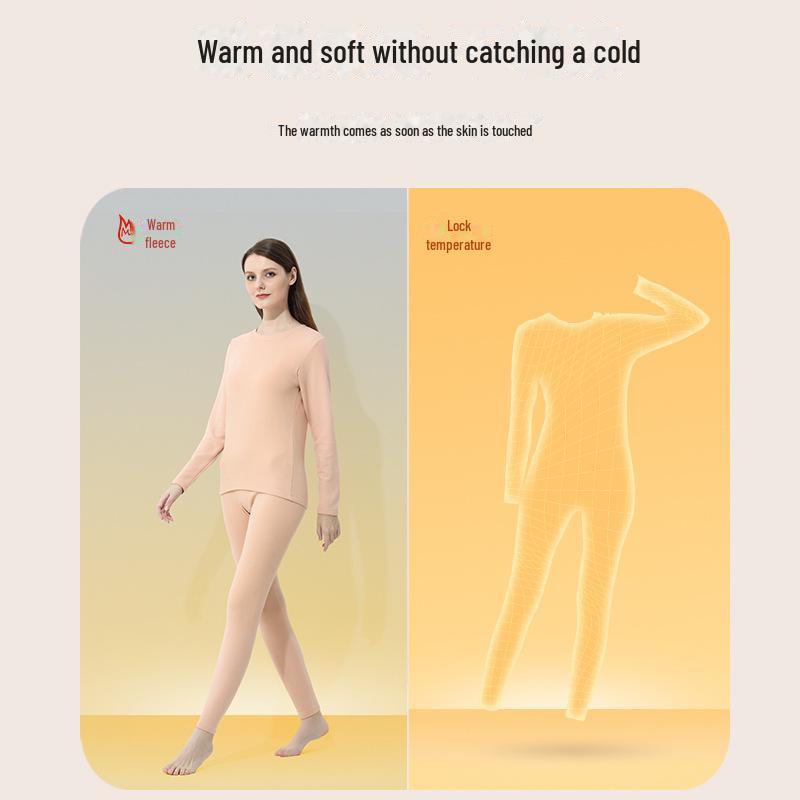 Damen Übergröße Tencel Doppelseitiger Samt Verdickter Warmer Anzug - Rundhalsausschnitt, Einfarbiger Unterzieher für Herbst