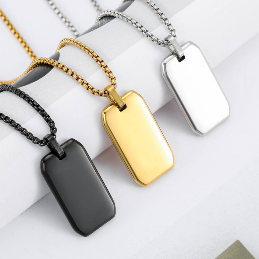 Geometric Square Dog Tag Pendant Necklace for Men Women Stainless Steel Jewelry Gift