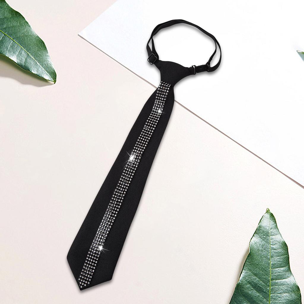 Elegant Women's Adjustable Pre Tied Black Necktie with Rhinestones Embellishments for Formal Event and Casual Wear