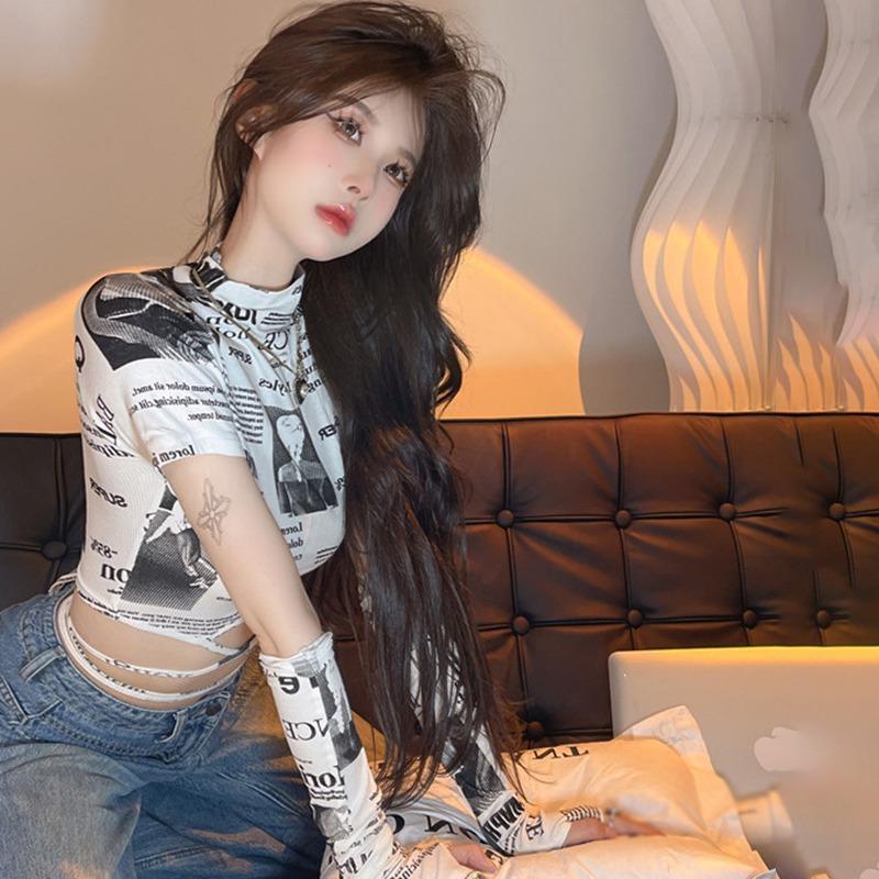 Women Newspaper Print Slim Shirt Vintage Club Bandage Expose Navel Crop Tops