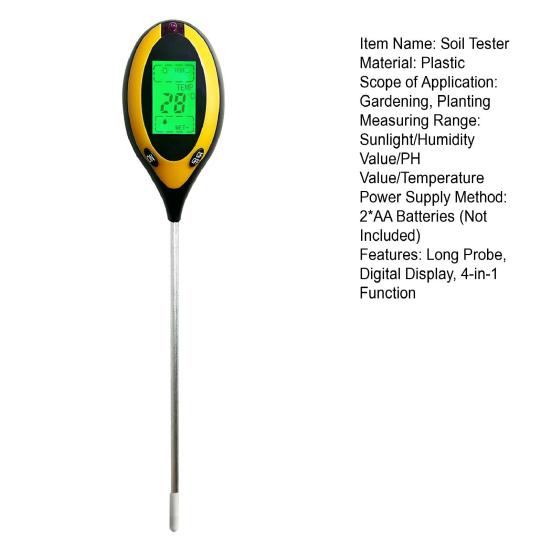 4-in-1 Soil Tester Digital Display Soil Moisture Sunlight PH Temperature Tester Long Probe Soil Tester for Garden Lawn Farm Greenhouse Plant Care
