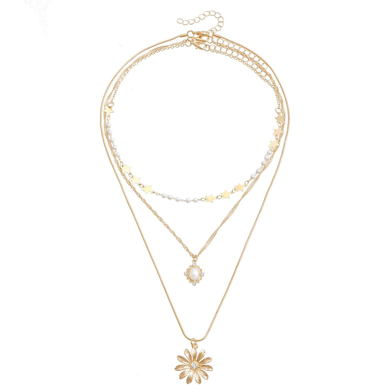 

3pcs Pentagram Sunflower Set Elements Collarbone Fine Chain Personalized Creative Triple Pendant Necklace Jewelry Accessories