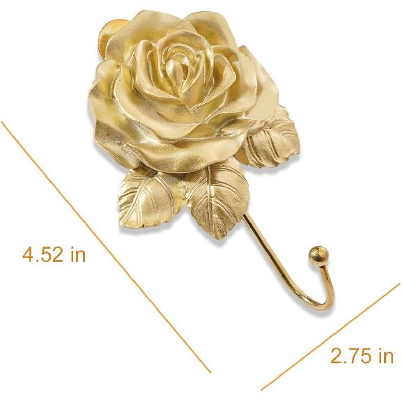 Gold Decorative Wall Hook Set Rose Flora Cute Hooks Vintage Brass Whimsical Flower Hooks for Towel Coat Hat Key Bag Scarf Robe Bathroom and Room