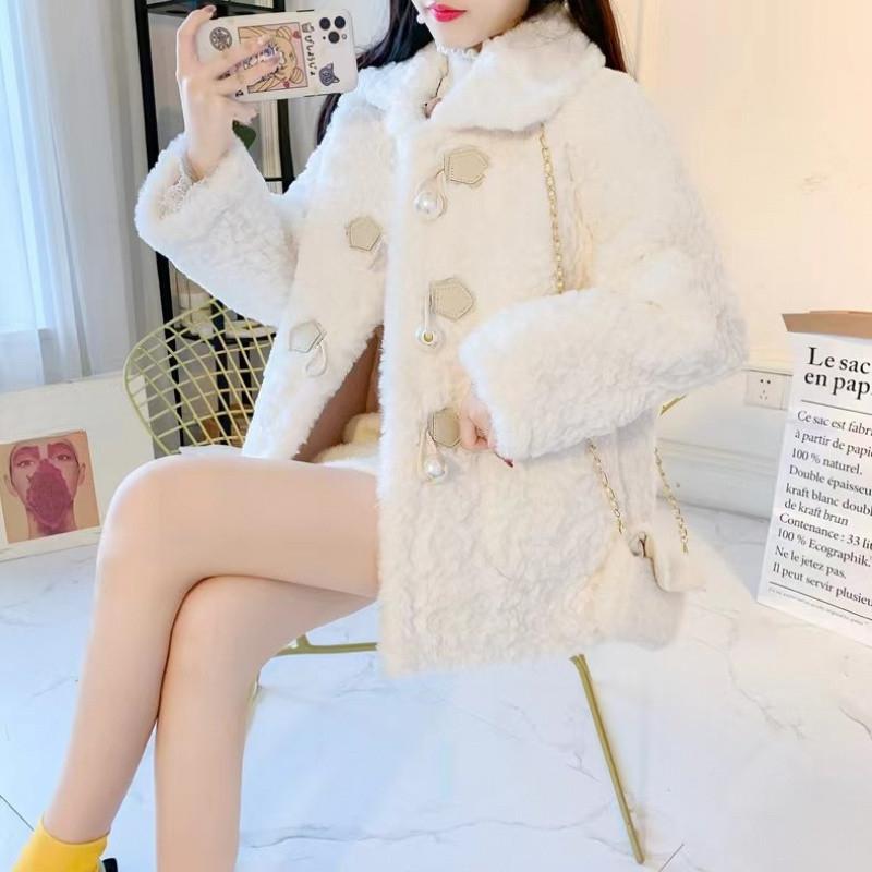 Autumn Winter New Thickened Warm Cashmere Short Coat Korean Style Casual Loose Solid Color Coat with Horns Buckle