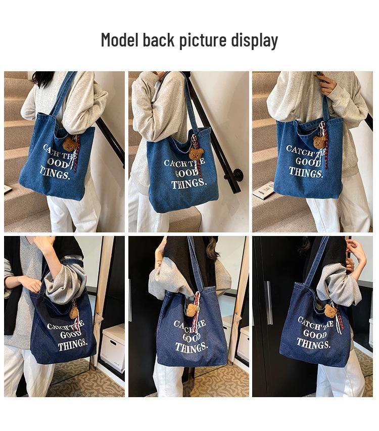 Retro Letter Denim Tote Bag - Large Capacity, Lazy Style Shoulder Bag