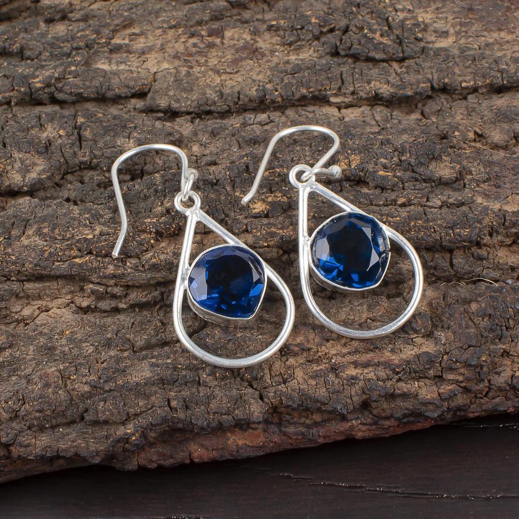 London Blue Topaz Gemstone Jewelry, 925 Solid Sterling Silver Earrings, Handmade Bohemian Earrings For Gift