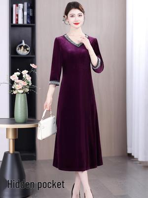 Elegantes Samtkleid mit V-Ausschnitt für Frauen mittleren und höheren Alters - Frühling & Herbst Chinesischer Stil
