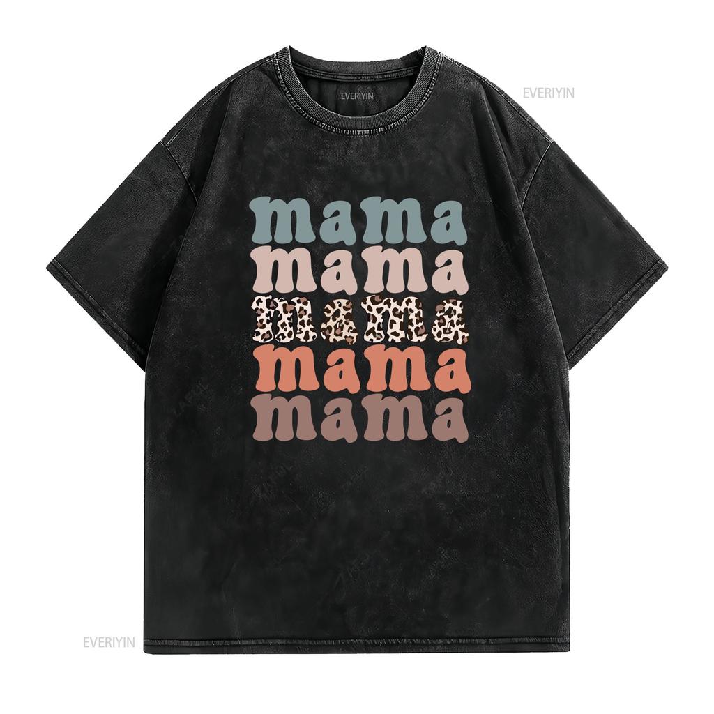 Vintage Retro Leopard Print Mama Stacked Text Casual T Shirt Vintage Washed Breathable Soft Slightly Streetwear