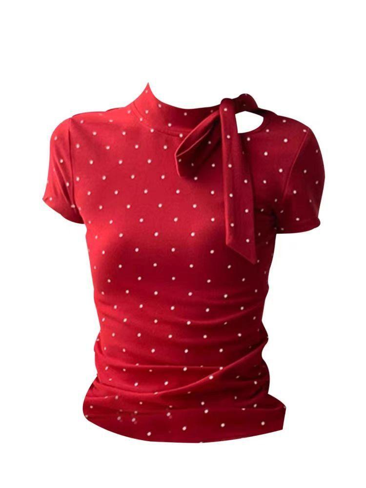 

Summer shoulder waist slim short-sleeved T-shirt women s polka dot print bow strap sweet top s (recommended within 50kg ) красный