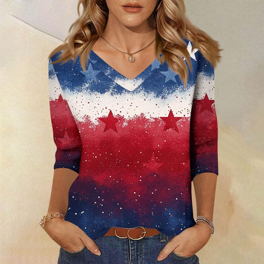 Top da donna Camicia a maniche a tre quarti Scollo a V Camicia casual ampia T-shirt stampata