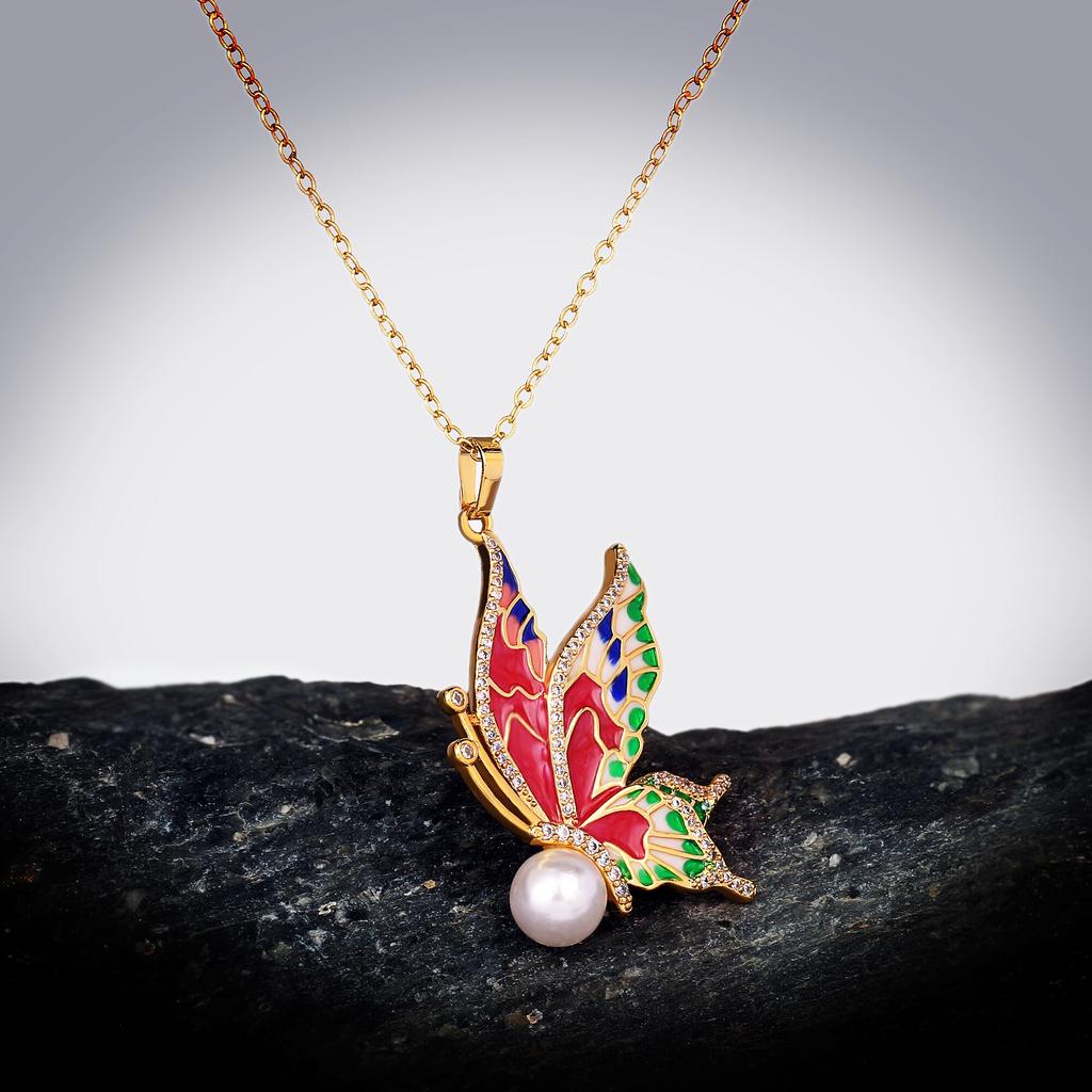 Classic Necklace for Women's Color Epoxy Butterfly Pendant Inlaid Pearl Necklace Handmade Enamel Jewelry Women's Sweater Chain