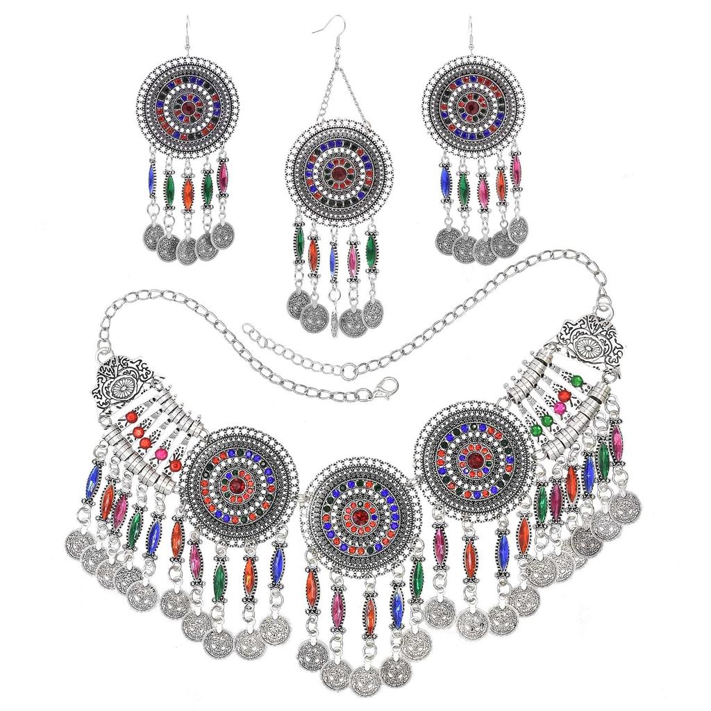 3pcs Indian Afghan Zircon Sets Necklace Earrings Hairbands for Women Boho Ethnic Coins Tassels Colorful Crystal Drop Accessory