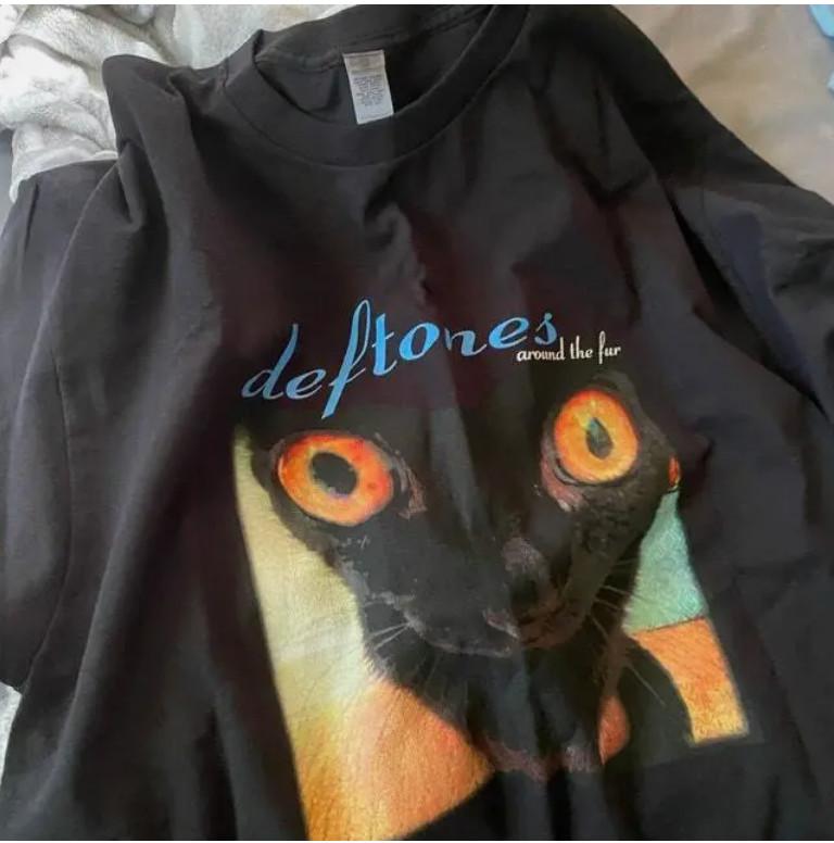 Ретро винтажная футболка Deftones вокруг меха кота Унисекс футболка XL
