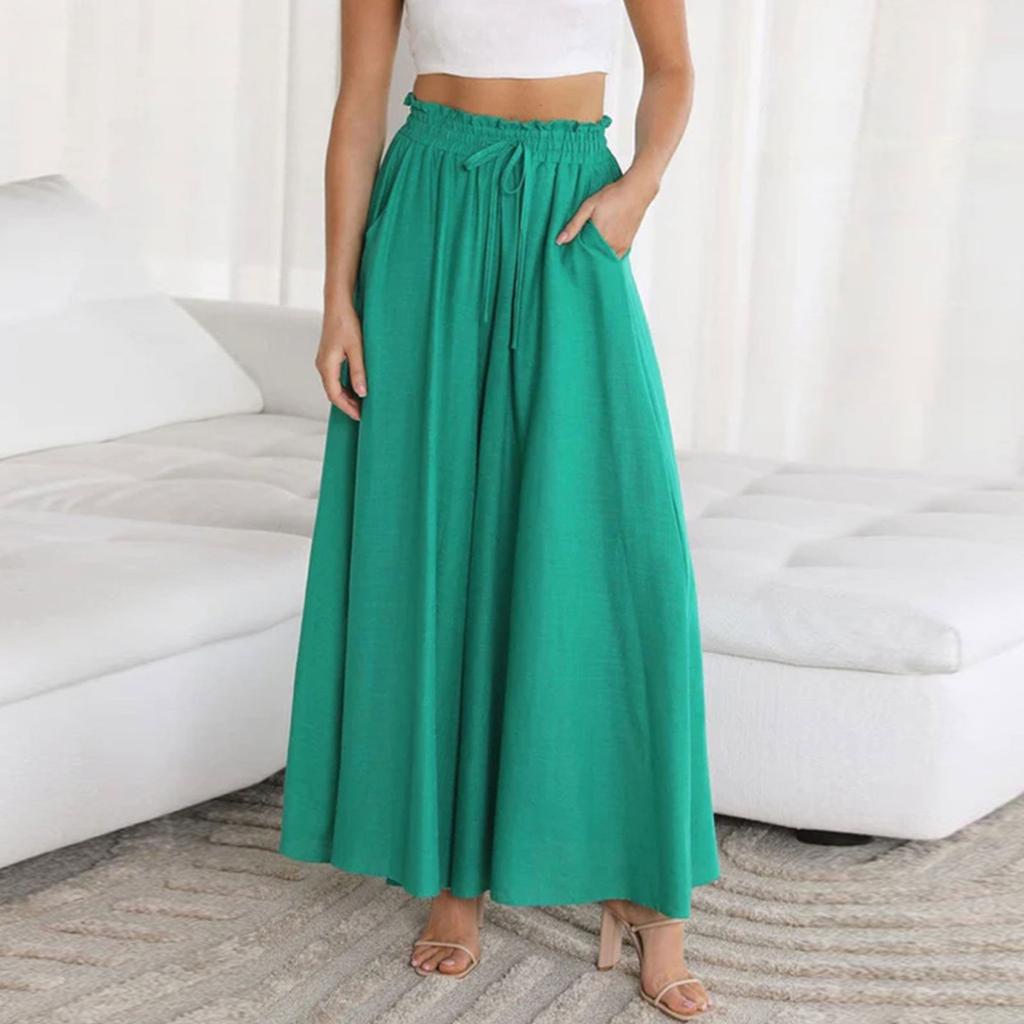 Women's Color Trousers Elastic Belt Wide Leg High Waist Long Culottes