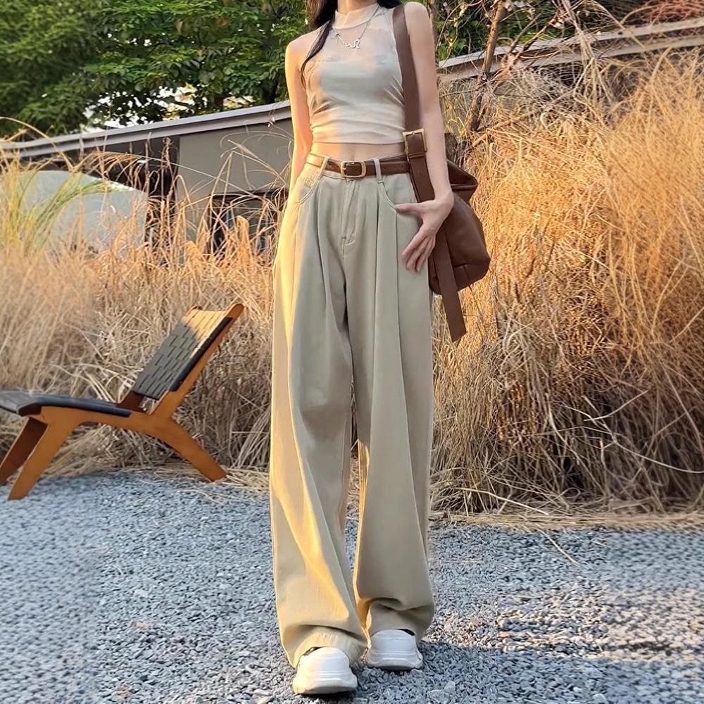 

Women s Khaki Wide-Leg High-Waist Jeans - Retro Slimming Straight-Leg, Autumn Floor-Length. 2XL