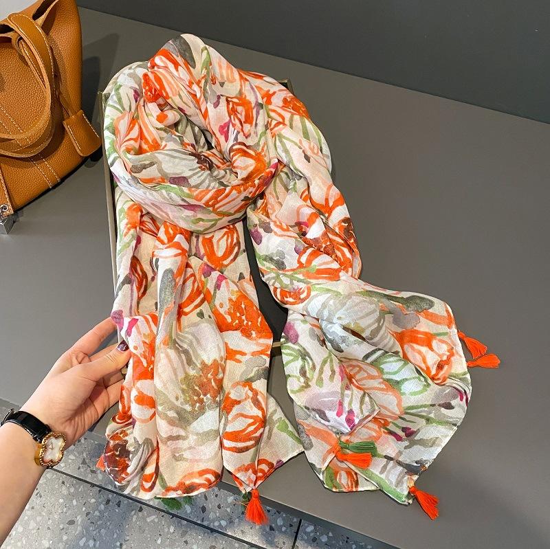 Spain Luxury Fashion Floral Dot Tassel Viscose Shawl Scarf High Quality Wrap Thin Pashmina Stole Bufandas Muslim Hijab 180*90Cm