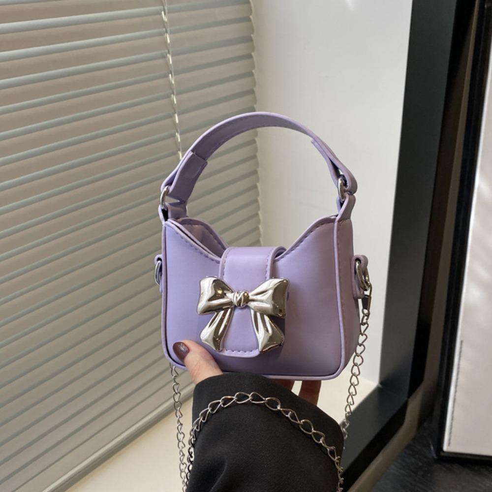 Handbag Silver Bucket Bag Pu Leather Women's Shoulder Bag Simple Bow Buckle PU Bag  Makeup Bag