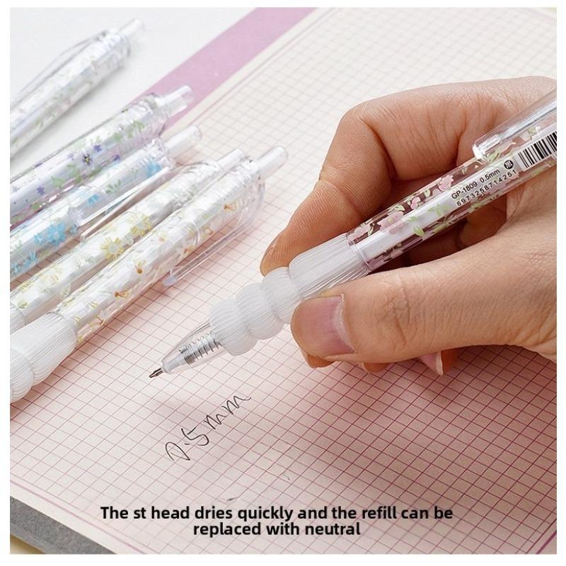 Small Flowers Gel Pen 6pcs Set Quick Dry Glue Pen Black Ink Retractable Ballpoint Pen Writing Stationery Party Gift