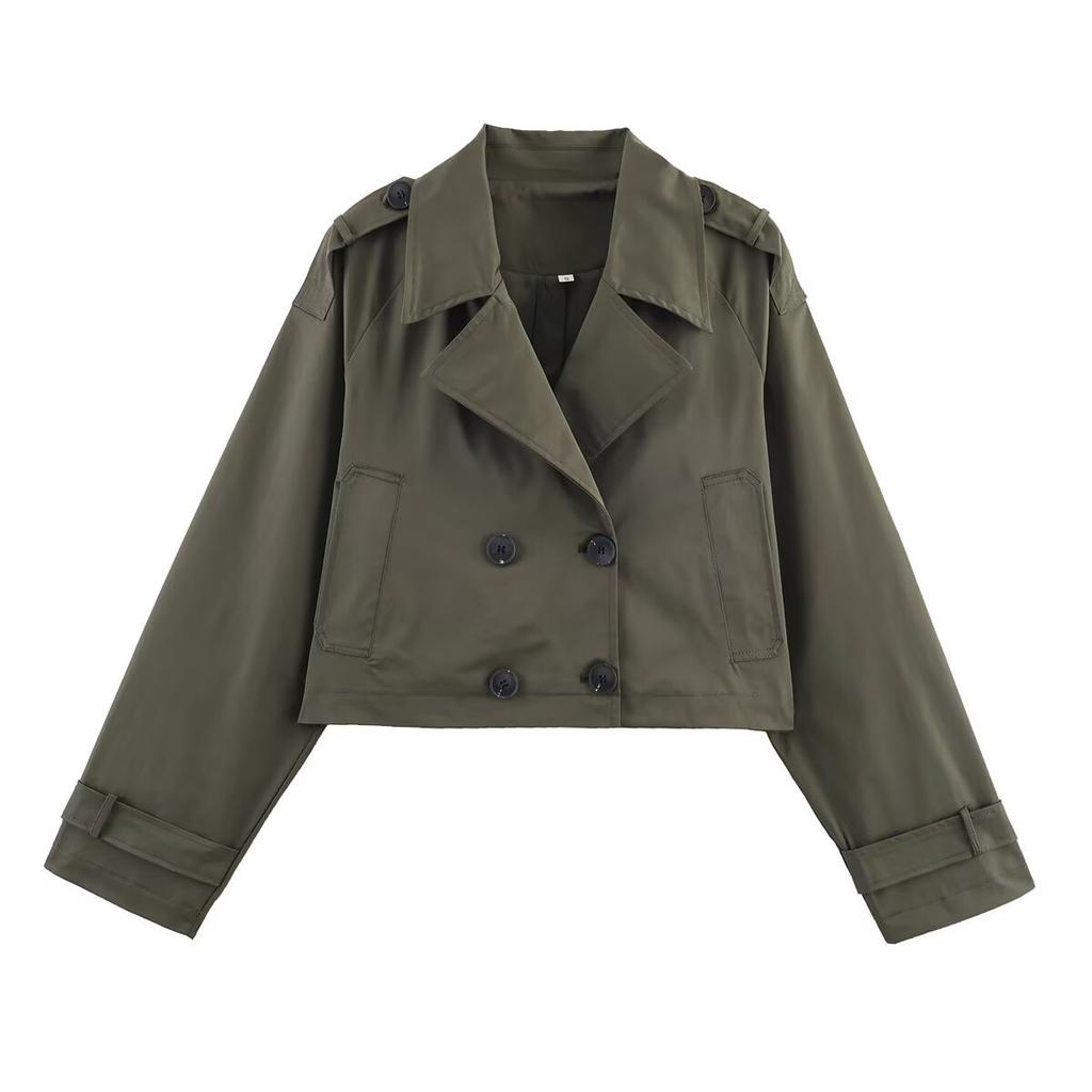 Women Double Breasted Lapel Short Trench Jacket Coat