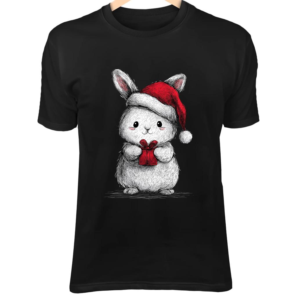 Christmas Bunny Line Art - Cute Minimalist Cartoon with Santa Hat & Present