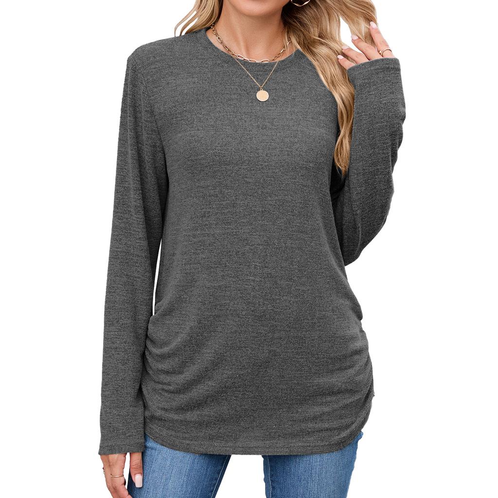 New Solid-color Round-neck Loose Long-sleeved T-shirt Top for Women In Autumn and Winter