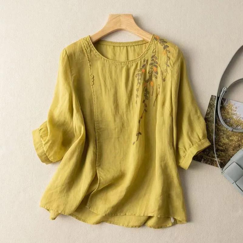 Cotton Short-sleeved Shirt Blouse Women Summer Retro Round Neck Loose Breathable Soft Fit Hemp T-shirt Tops
