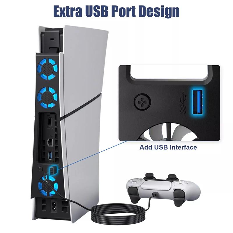 Ventilador de refrigeración mejorado y silencioso para consola PS5 Slim(Digital/Disco) Sistema de refrigeración eficiente con luces LED para Playstation 5 Slim