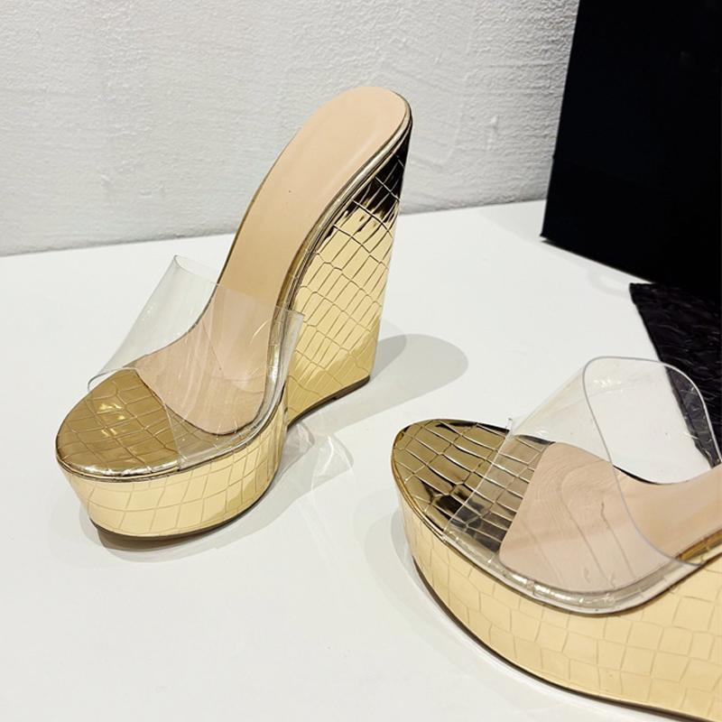 Liyke PVC Transparent Shoes For Women Platform Wedges Slippers Wide Band Round Head Open Toe Gold High Heels Summer Sandals