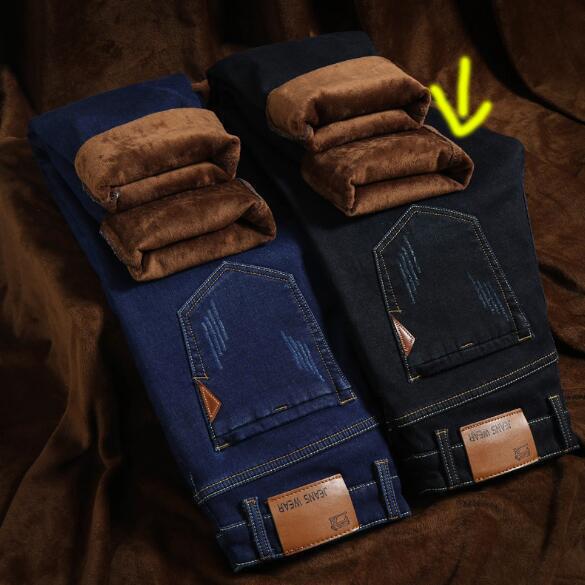 

Осенние и зимние плотные и теплые мужские джинсы с бархатом, эластичные, прямые и свободные деловые джинсы 32