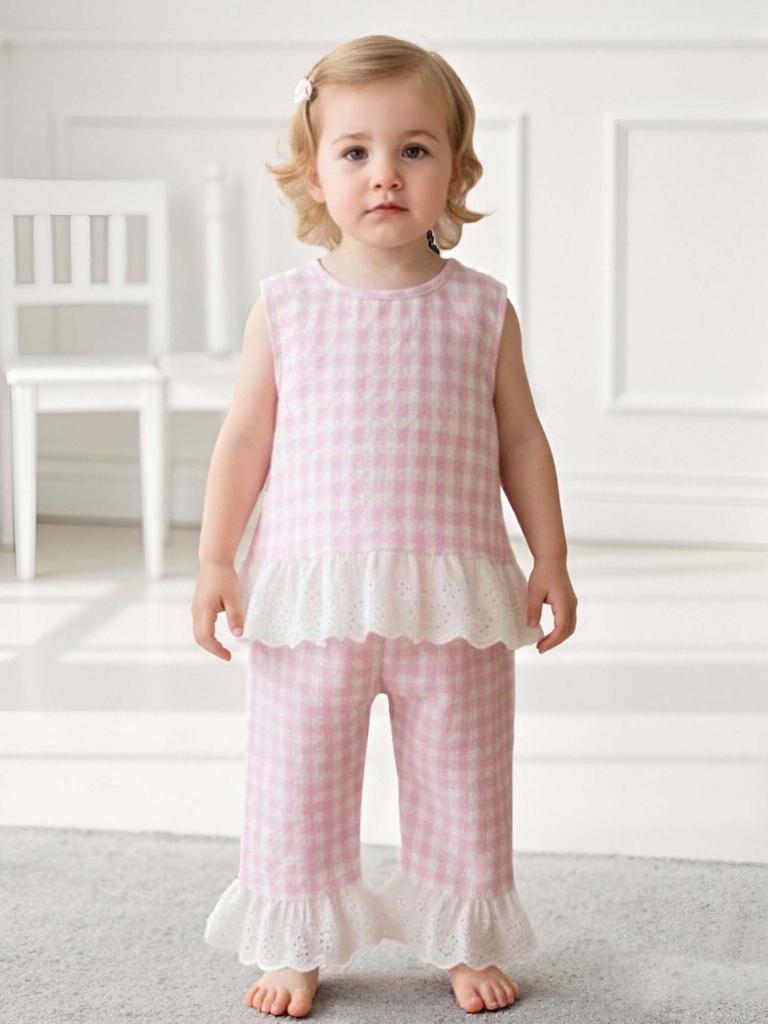 Summer Countryside Style Infant Baby Girls Clothing Set Sleeveless Top with Plaid Long Pants Retro Lace Butterfly Two Piece Outfit