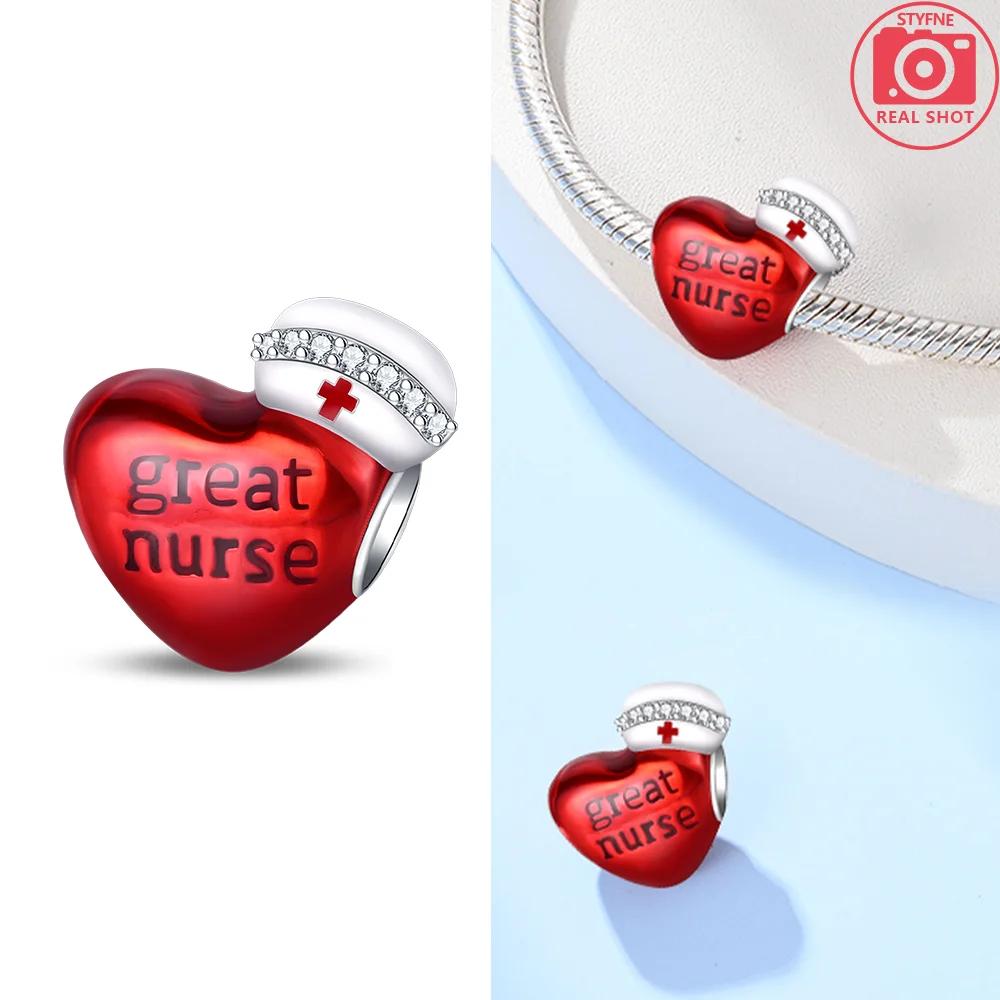 Teeth Protection Copper Red Heart Medical Care Dental Nurse Beads Charm For Original Bracelet Woman Girl Jewelry