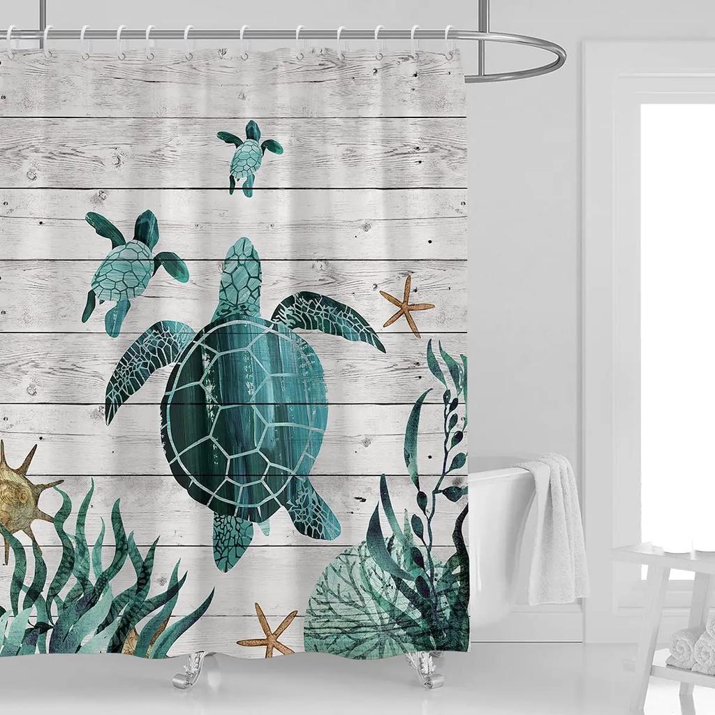 Sea Turtle Shower Curtain Green Ocean Turtle Beach Nautical Landscape Bath Curtain Polyester Fabric Bathroom Accessories Hooks