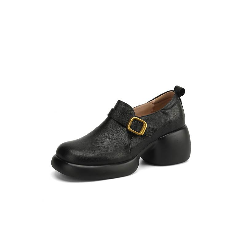 Krazing Pot cow skin Autumn Winter Shoes Metal Buckle Loafers chunky Heels Slip on Size 43 Round Toe Slip on Deep Mouth Pumps