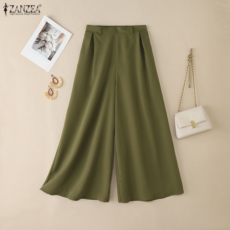 ZANZEA Womens Casual Solid Color Loose Wide Leg Pants