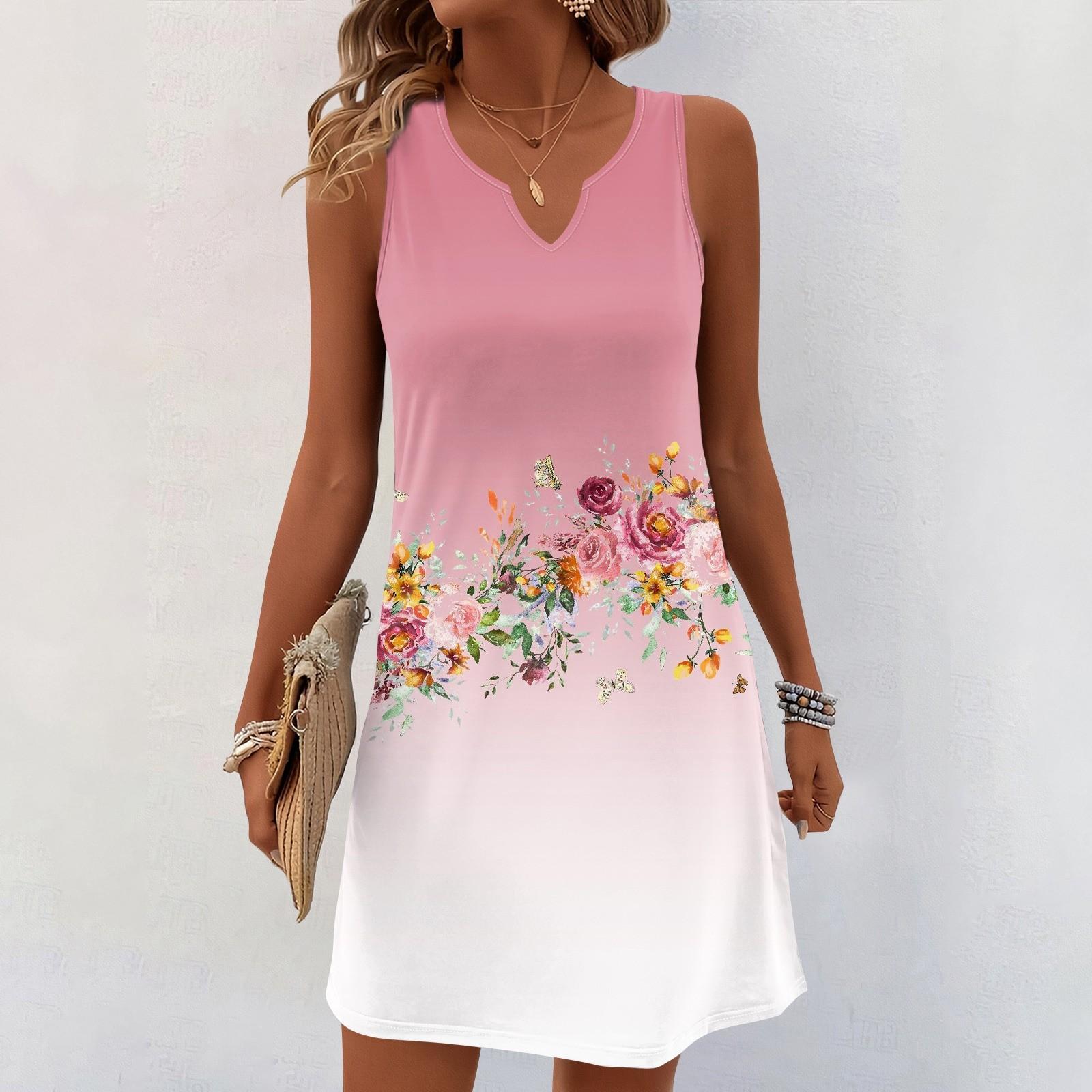 

Женские летние платья с V-образным вырезом и принтом без рукавов Сарафан Повседневное платье L светло-розовый